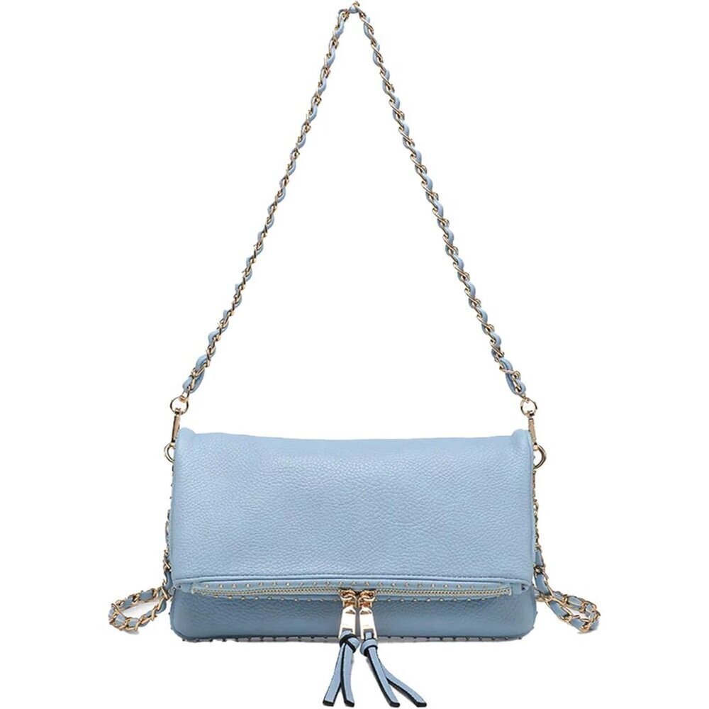 Vegan Crossbody Bag Powder Blue Edgy Studded Details Organizer Secure